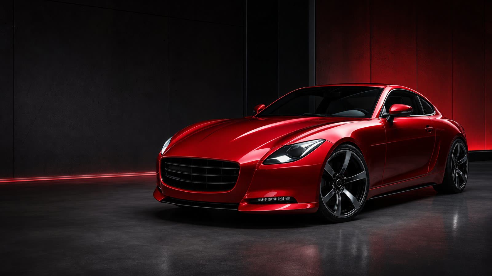 Coupé sportif rouge dans un showroom sombre et haut de gamme